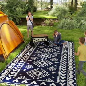 Reversible Outdoor Rug, Waterproof Plastic Straw With Carry Bag, 9 X 18, Blue & White Rhombus Patchwork (Option: Blue)
